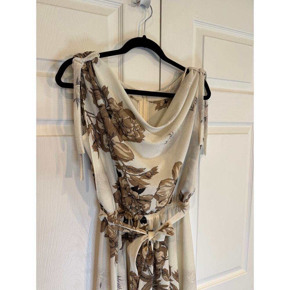 Vintage Floral Print Dress Sleeveless Tie Strap Midi Cream Brown - Picture 4 of 8